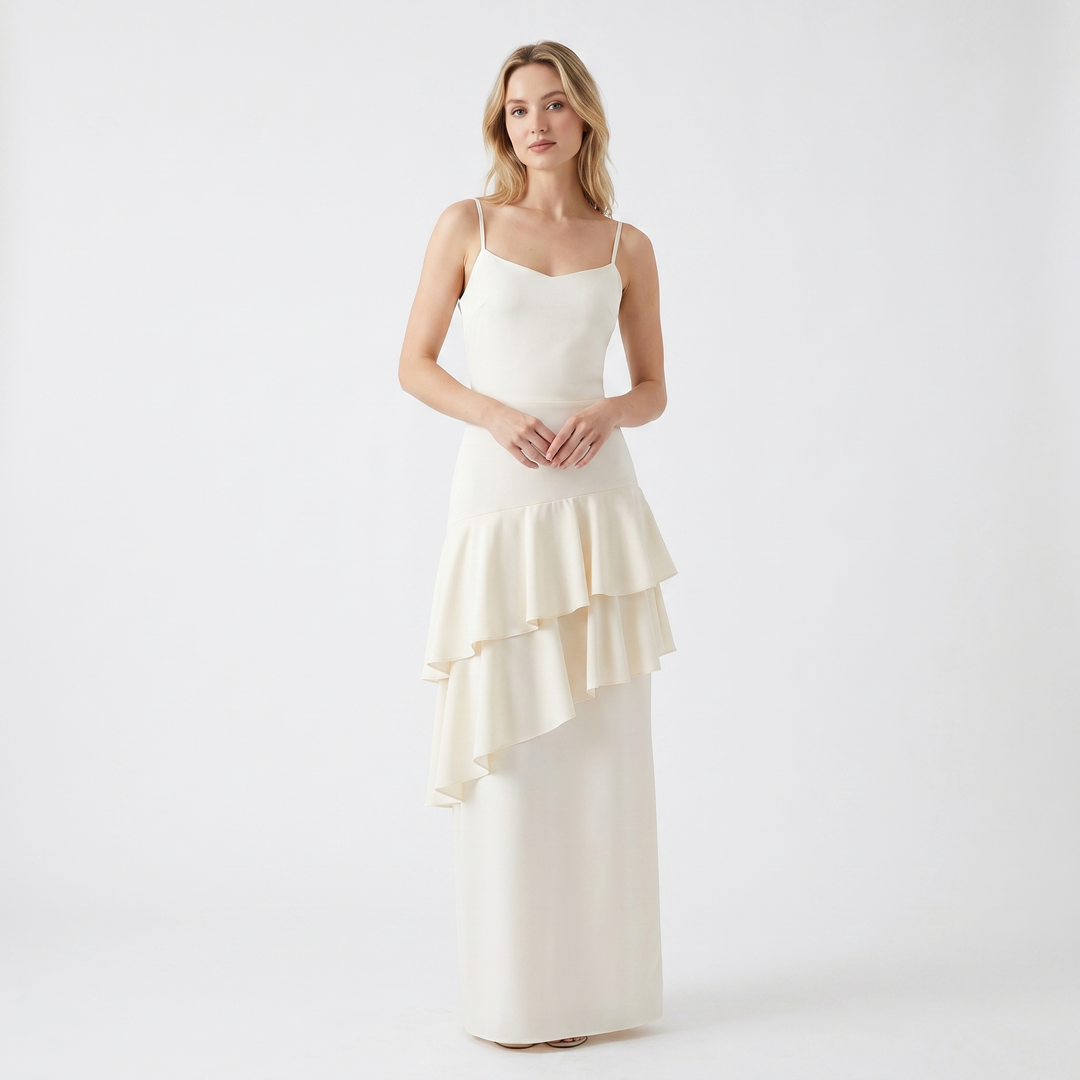 Strappy Maxi Dress - Cowl Neck Tiered Ruffle Hem