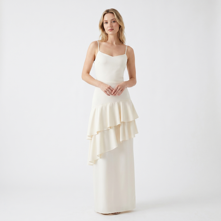 Strappy Maxi Dress - Cowl Neck Tiered Ruffle Hem