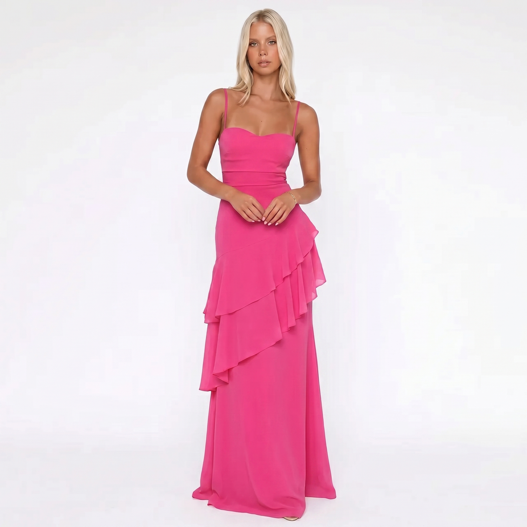 Strappy Maxi Dress - Cowl Neck Tiered Ruffle Hem