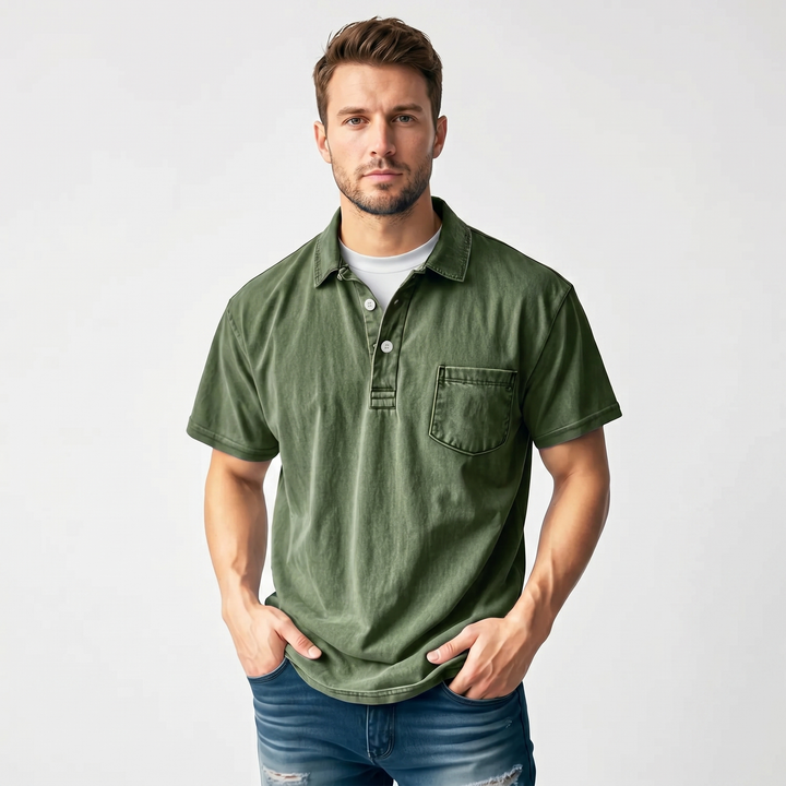 Polo Shirt Men - Short Sleeve Garment Washed Pocket