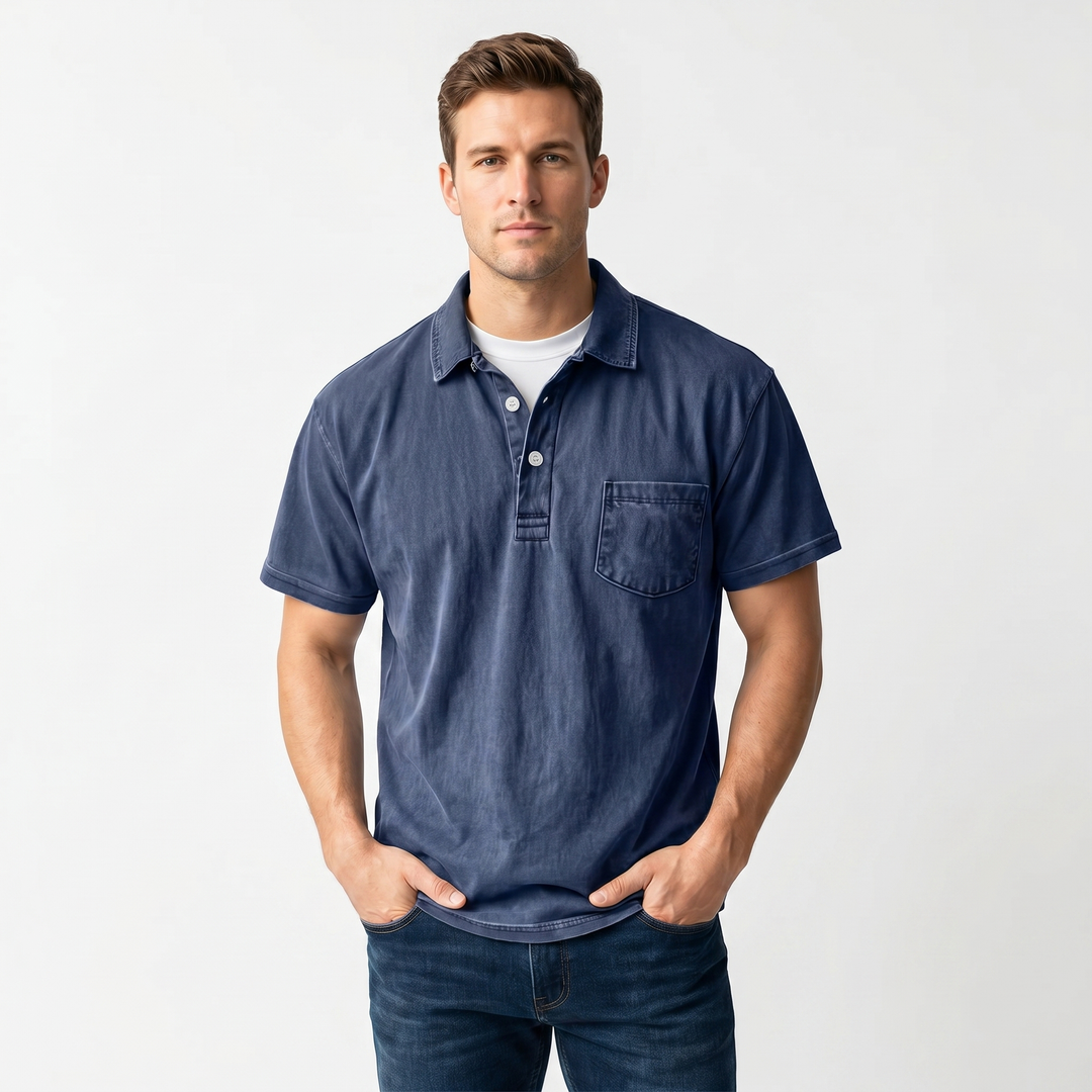 Polo Shirt Men - Short Sleeve Garment Washed Pocket