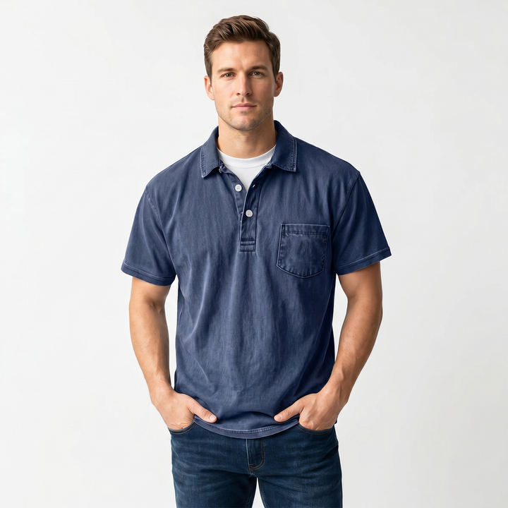 Polo Shirt Men - Short Sleeve Garment Washed Pocket