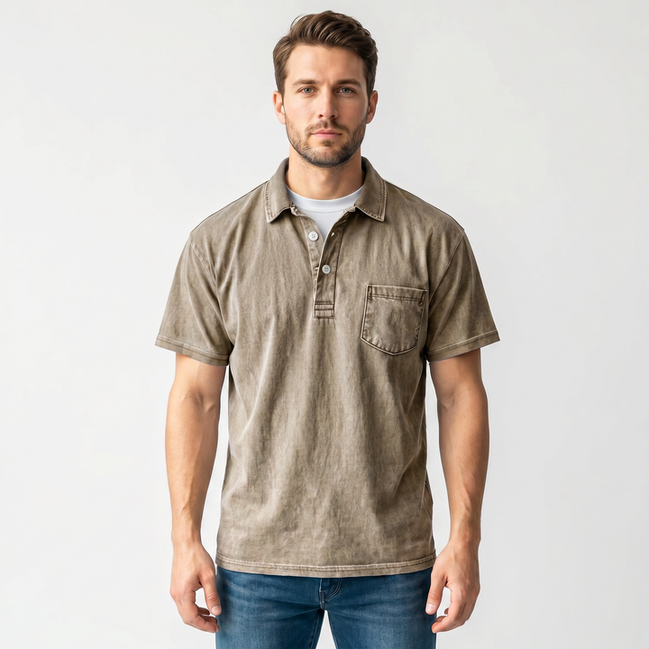 Polo Shirt Men - Short Sleeve Garment Washed Pocket