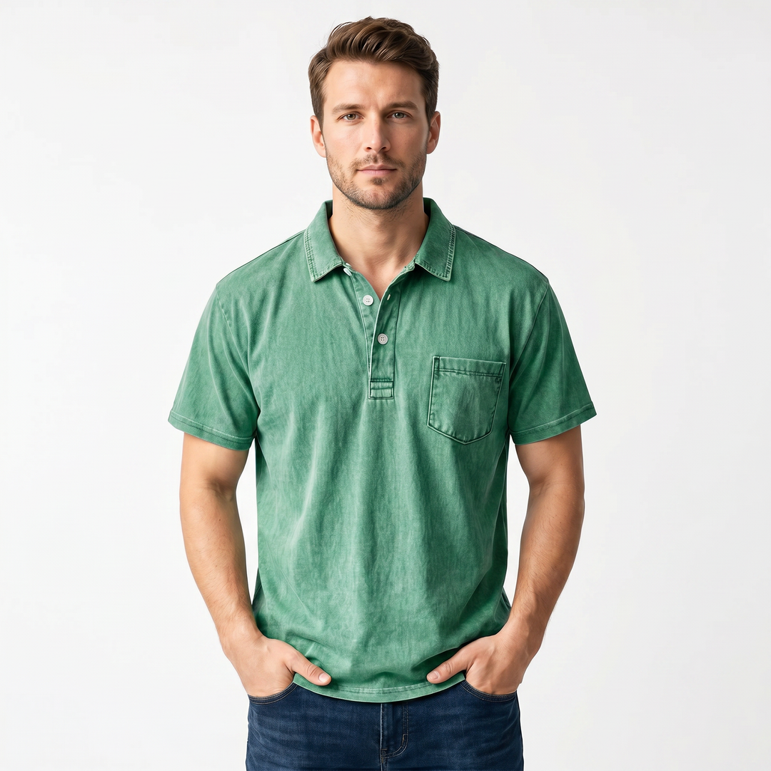 Polo Shirt Men - Short Sleeve Garment Washed Pocket