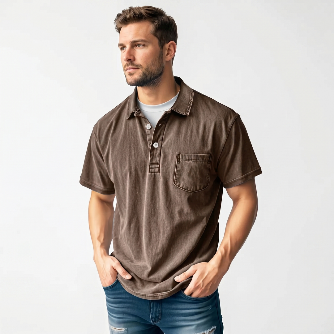 Polo Shirt Men - Short Sleeve Garment Washed Pocket