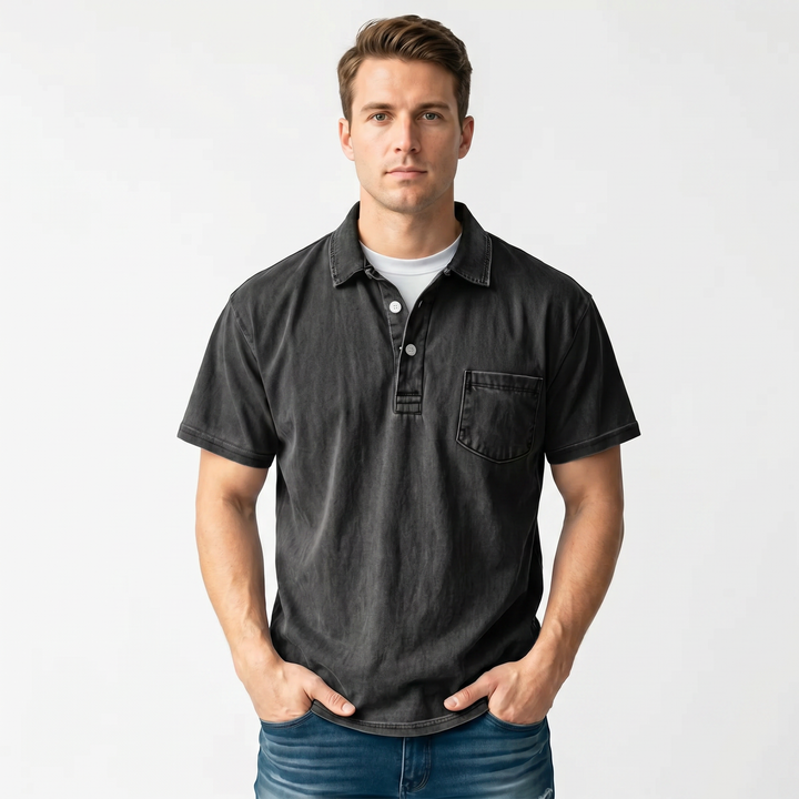 Polo Shirt Men - Short Sleeve Garment Washed Pocket