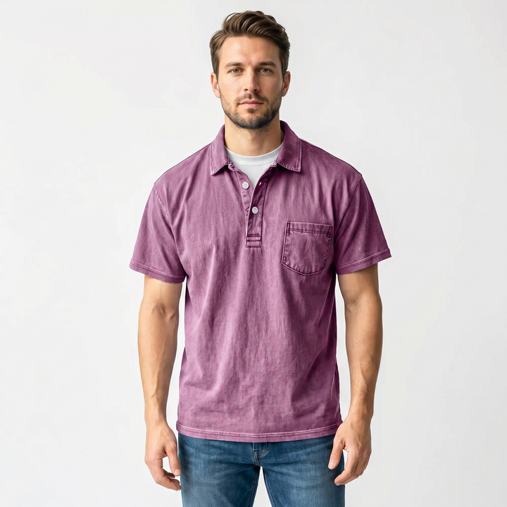 Polo Shirt Men - Short Sleeve Garment Washed Pocket