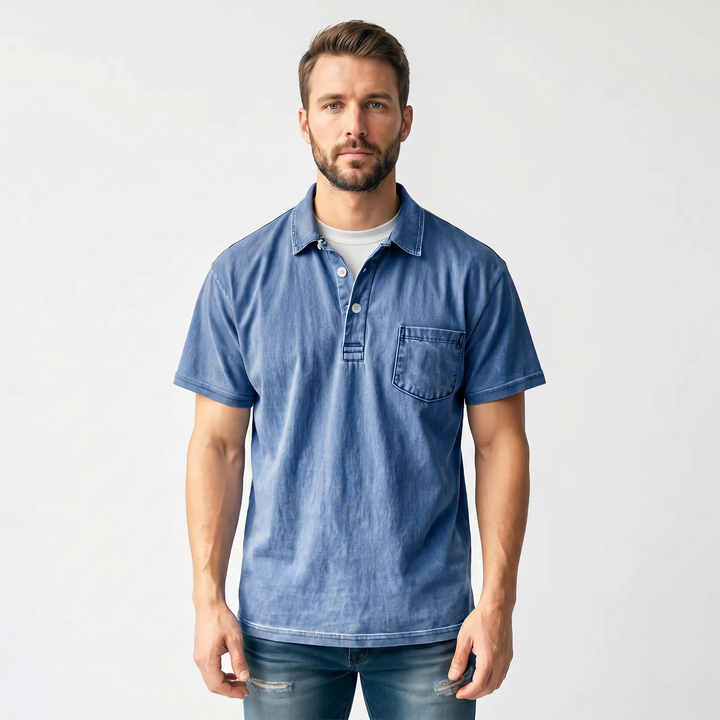 Polo Shirt Men - Short Sleeve Garment Washed Pocket