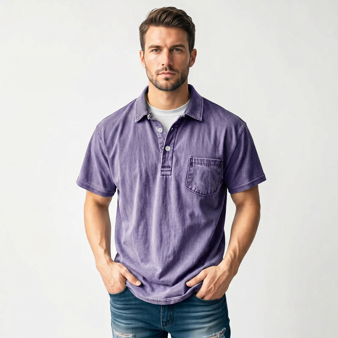 Polo Shirt Men - Short Sleeve Garment Washed Pocket
