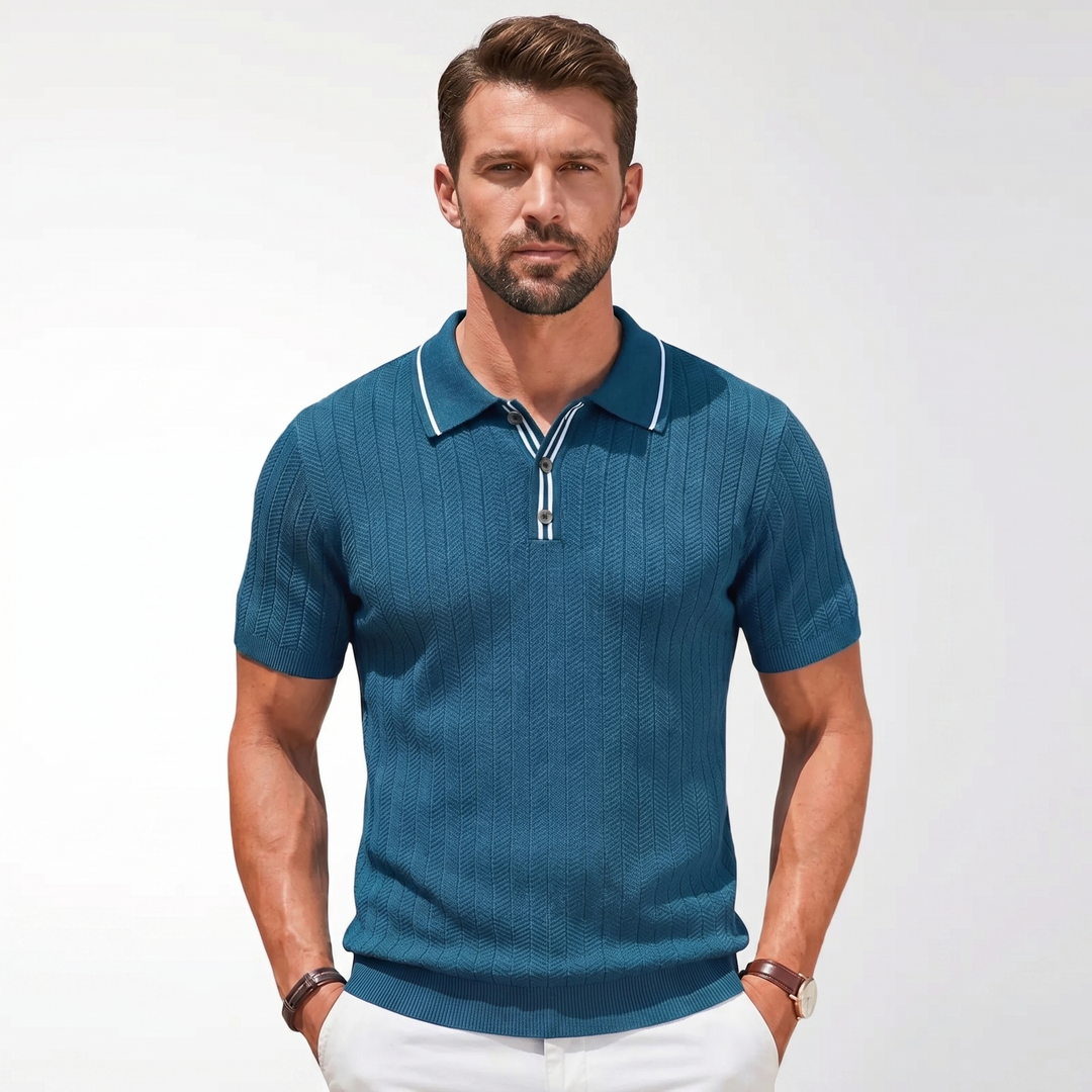 Knit Polo Shirt Men - Short Sleeve Textured Tipped Collar
