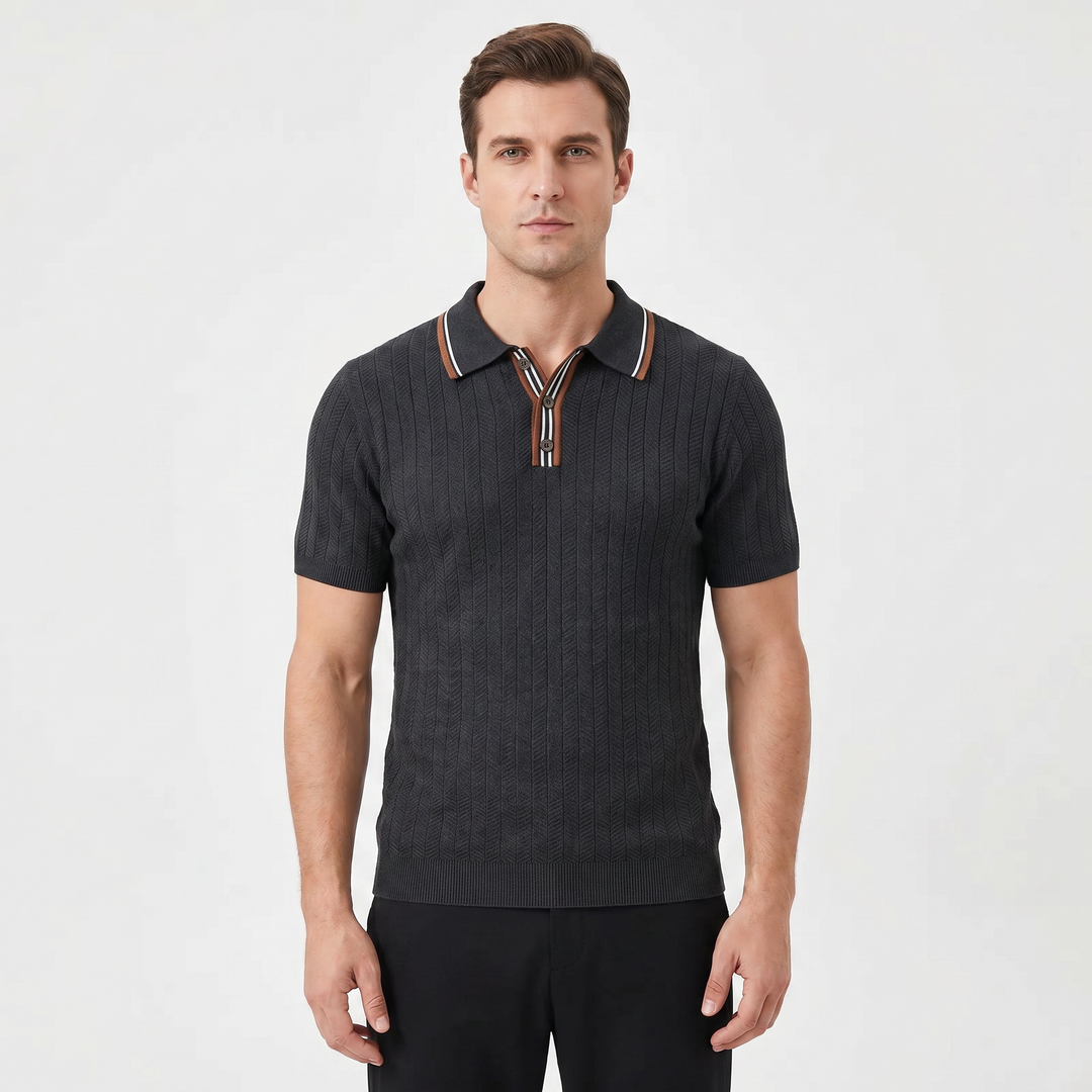 Knit Polo Shirt Men - Short Sleeve Textured Tipped Collar