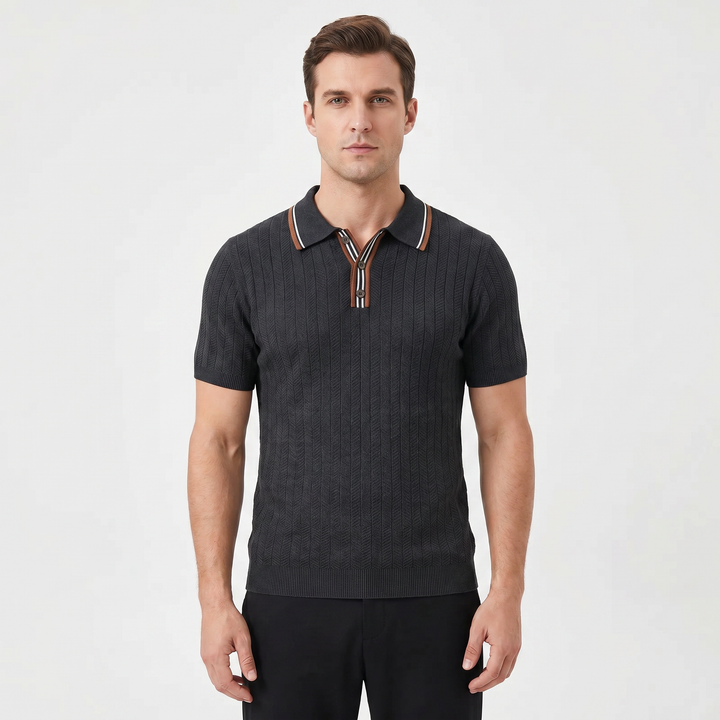 Knit Polo Shirt Men - Short Sleeve Textured Tipped Collar