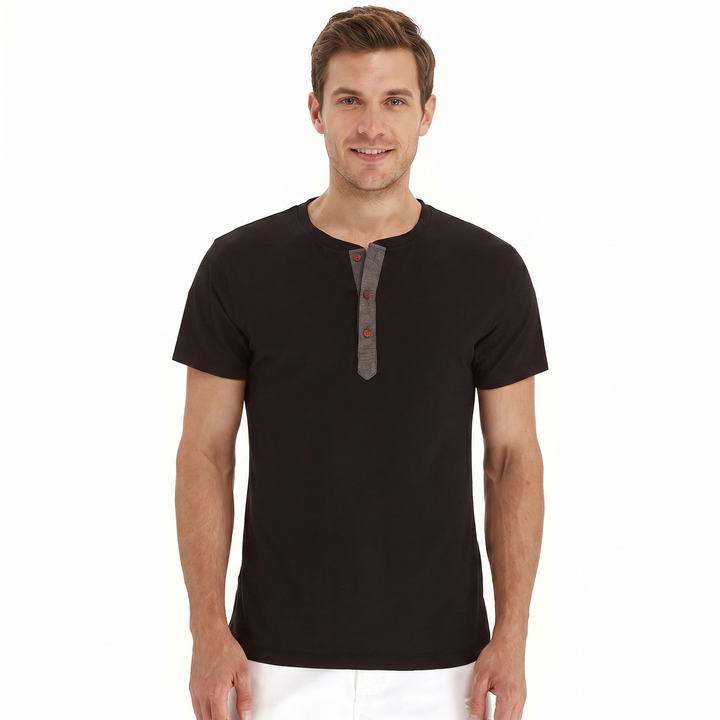 Henley Shirt Men - Short Sleeve Button Placket Crew Neck