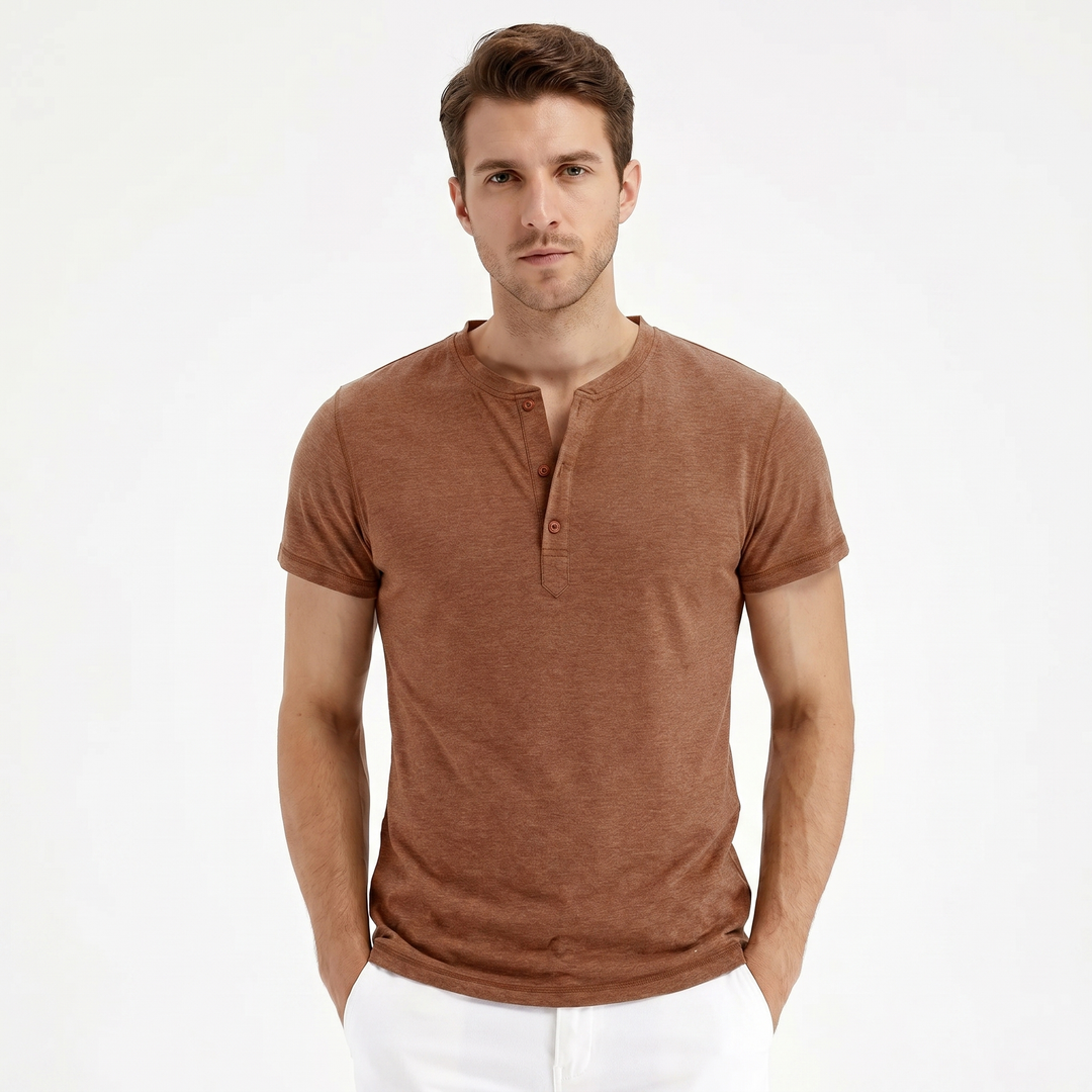 Henley Shirt Men - Short Sleeve Button Placket Crew Neck