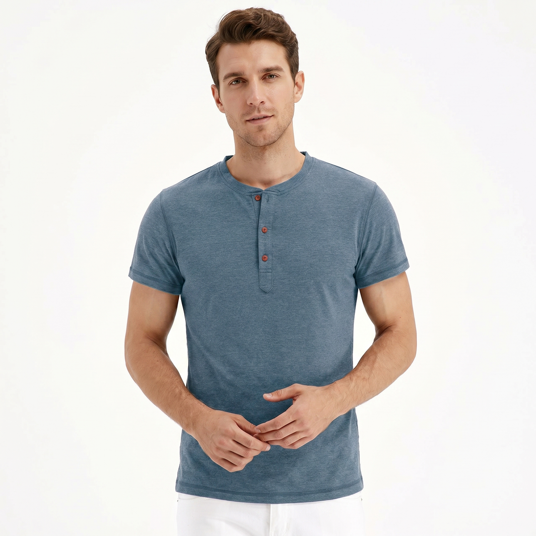 Henley Shirt Men - Short Sleeve Button Placket Crew Neck