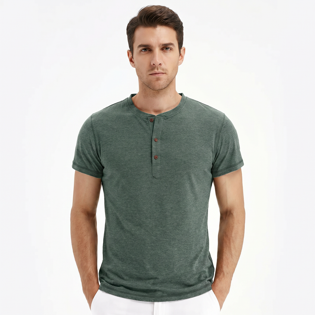 Henley Shirt Men - Short Sleeve Button Placket Crew Neck