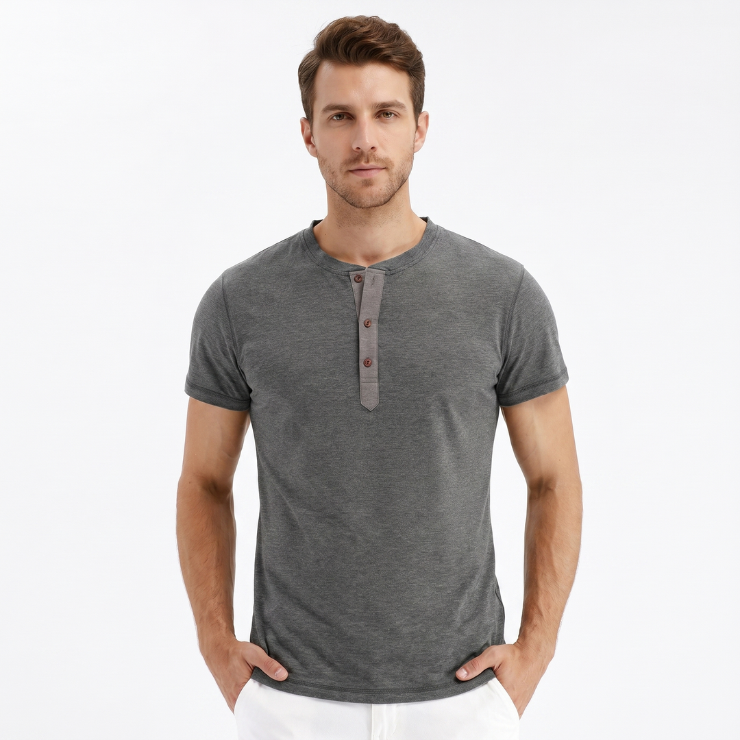 Henley Shirt Men - Short Sleeve Button Placket Crew Neck