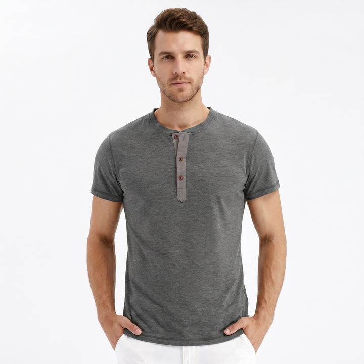 Henley Shirt Men - Short Sleeve Button Placket Crew Neck