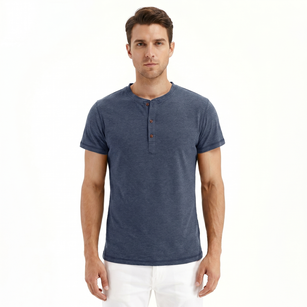 Henley Shirt Men - Short Sleeve Button Placket Crew Neck
