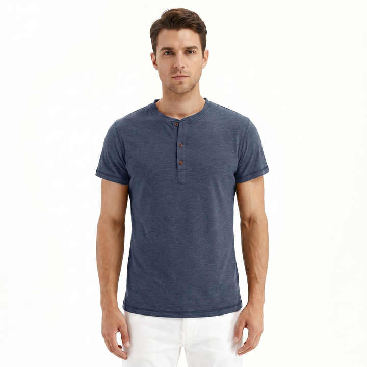 Henley Shirt Men - Short Sleeve Button Placket Crew Neck