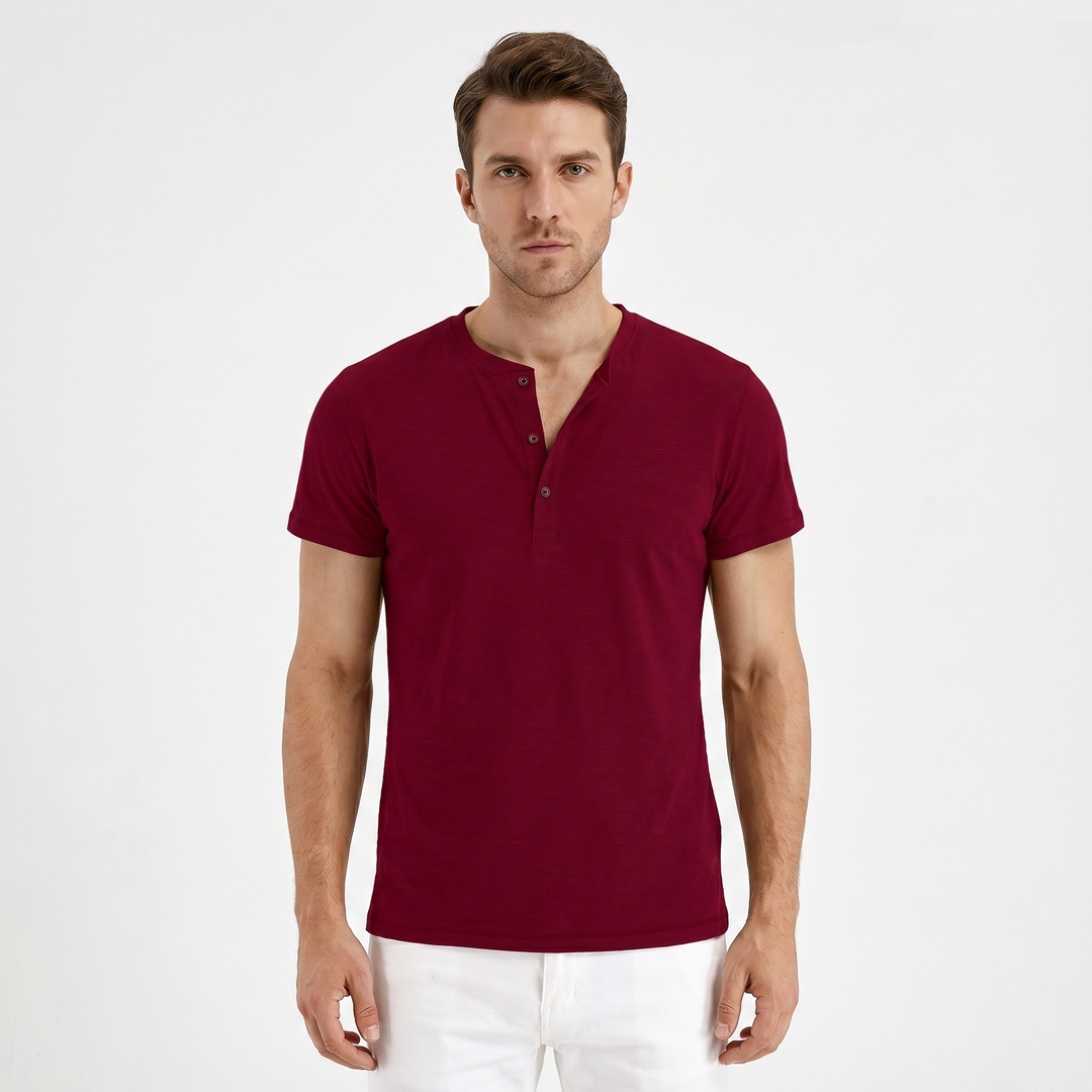 Henley Shirt Men - Short Sleeve Button Placket Crew Neck