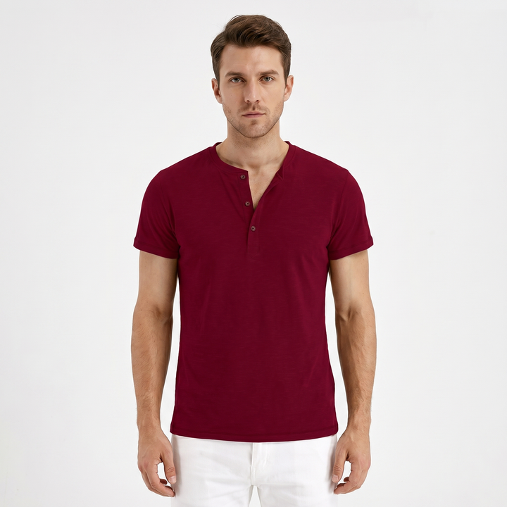 Henley Shirt Men - Short Sleeve Button Placket Crew Neck