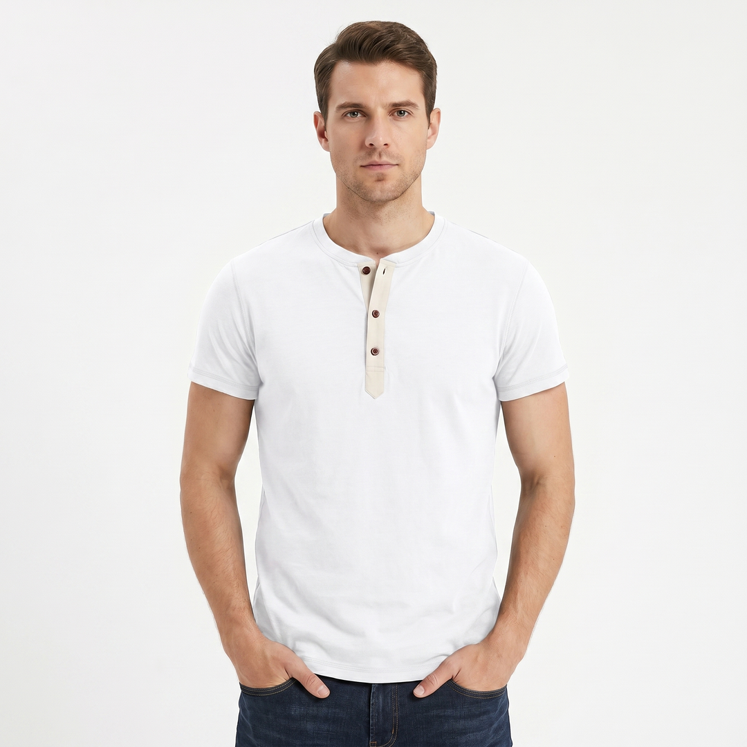 Henley Shirt Men - Short Sleeve Button Placket Crew Neck