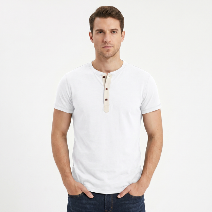 Henley Shirt Men - Short Sleeve Button Placket Crew Neck