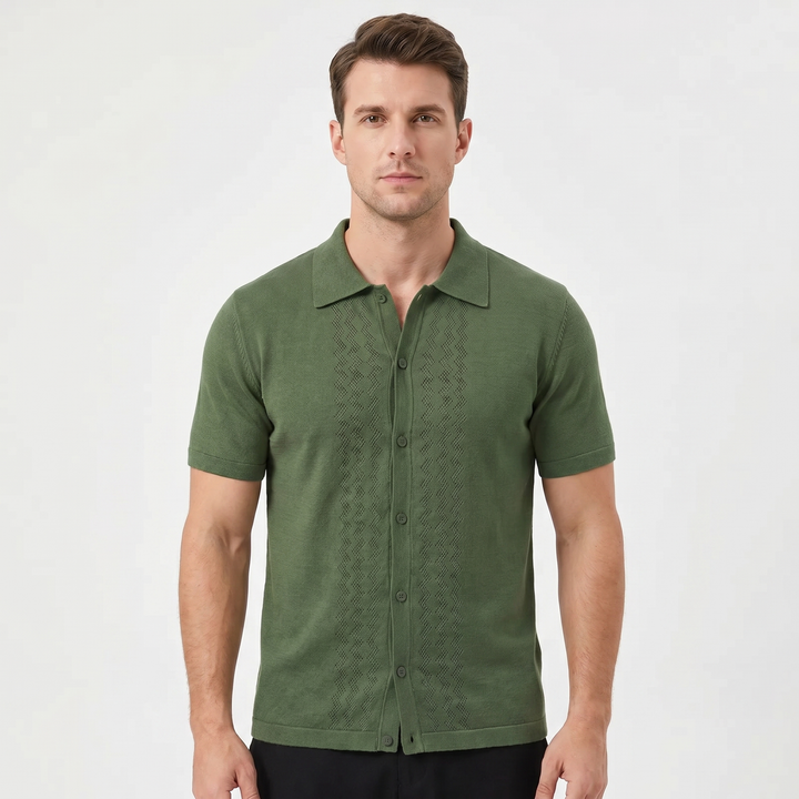 Knit Polo Shirt Men - Full Button Pointelle Camp Collar