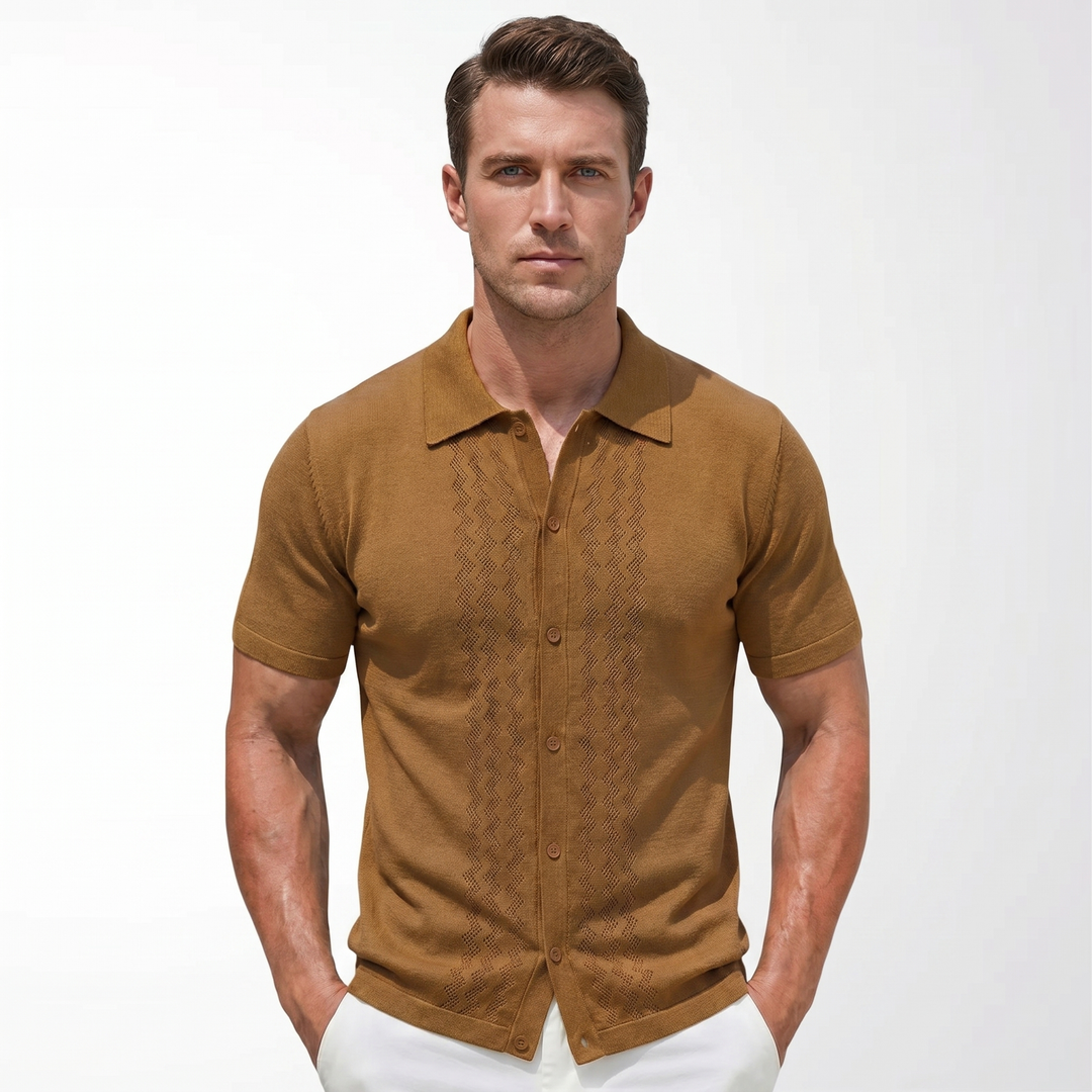 Knit Polo Shirt Men - Full Button Pointelle Camp Collar