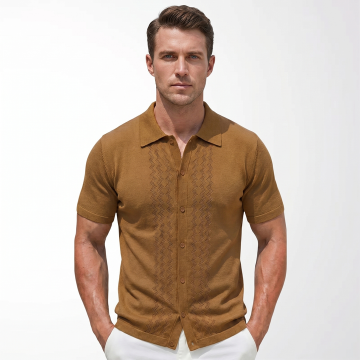 Knit Polo Shirt Men - Full Button Pointelle Camp Collar