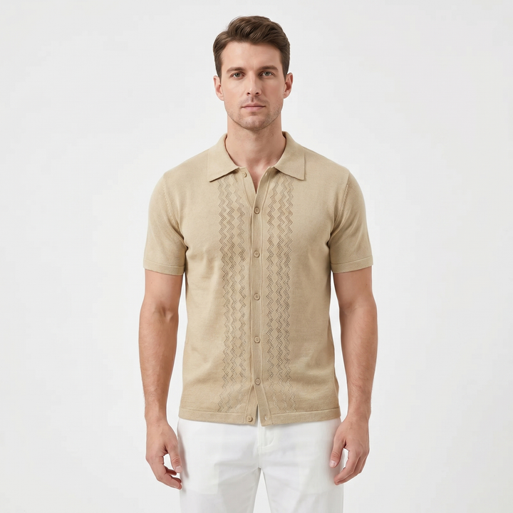 Knit Polo Shirt Men - Full Button Pointelle Camp Collar