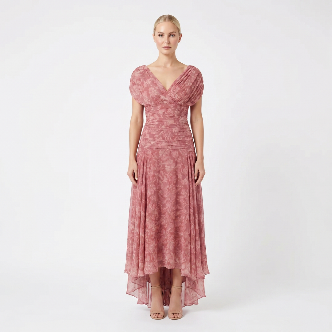 Chiffon Midi Dress - V Neck Ruched Fit and Flare