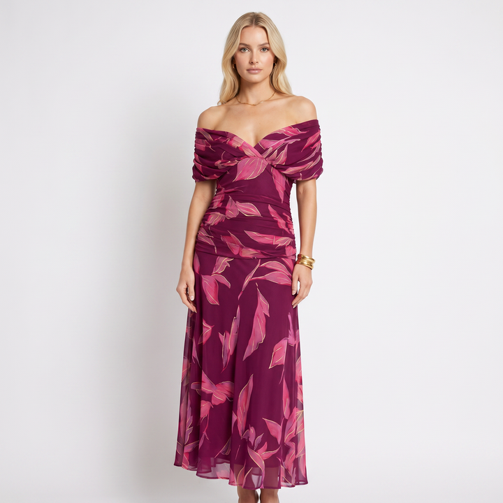 Chiffon Midi Dress - V Neck Ruched Fit and Flare