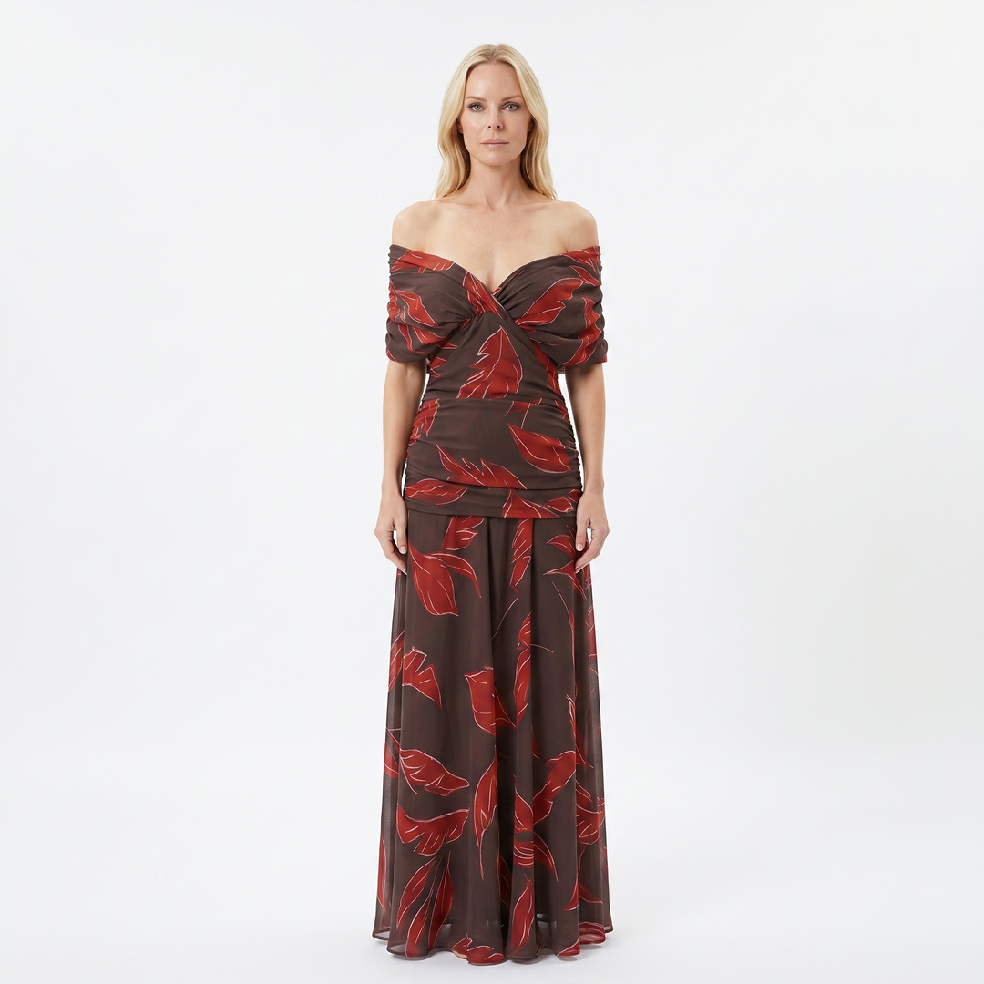 Chiffon Midi Dress - V Neck Ruched Fit and Flare