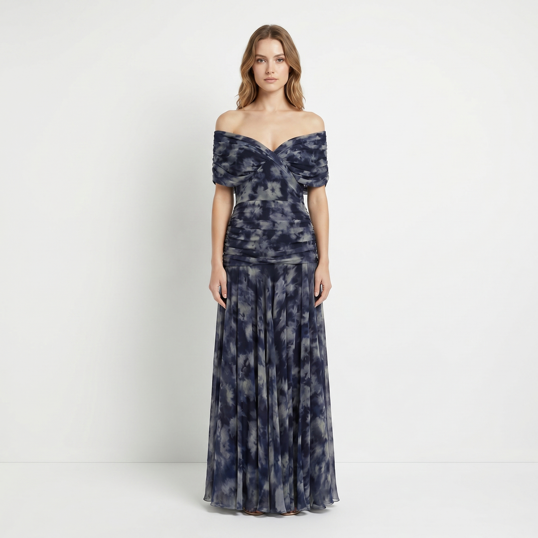 Chiffon Midi Dress - V Neck Ruched Fit and Flare
