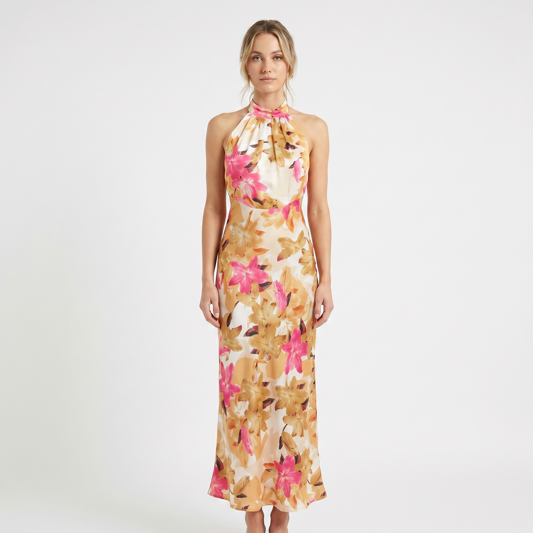 Halter Maxi Dress - High Neck Sleeveless Floral