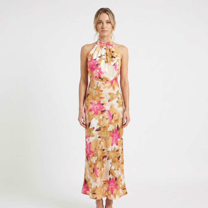 Halter Maxi Dress - High Neck Sleeveless Floral