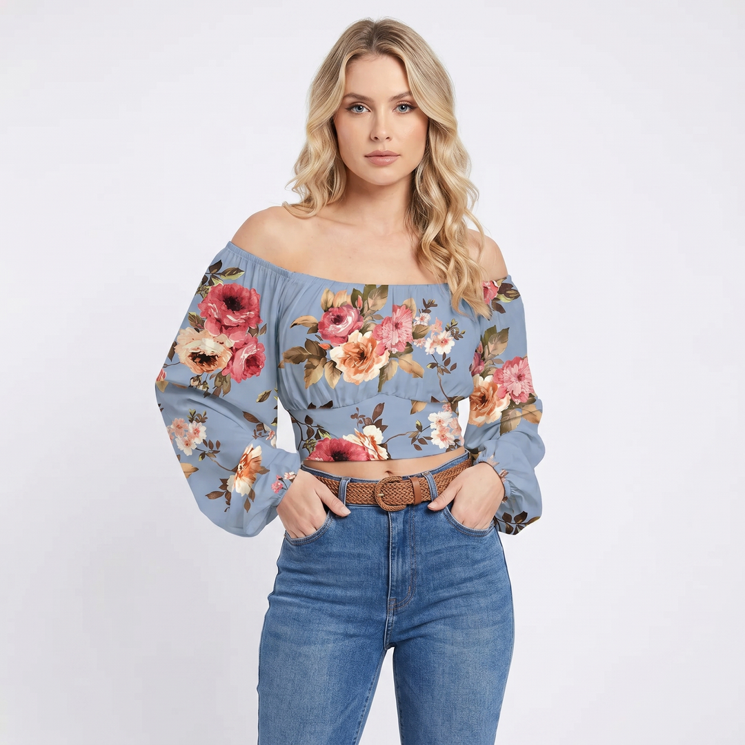 Off Shoulder Crop Top - Long Sleeve Strappy Wrap Hem