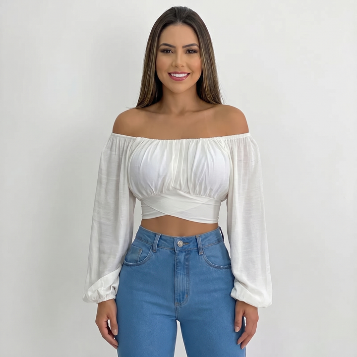 Off Shoulder Crop Top - Long Sleeve Strappy Wrap Hem