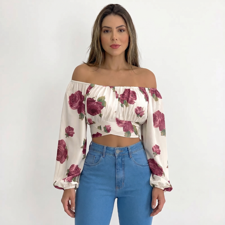 Off Shoulder Crop Top - Long Sleeve Strappy Wrap Hem