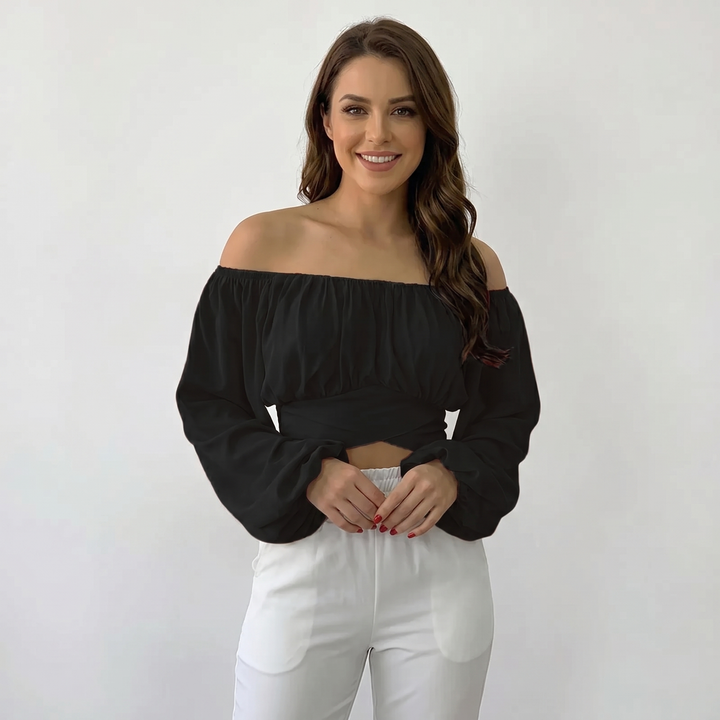 Off Shoulder Crop Top - Long Sleeve Strappy Wrap Hem
