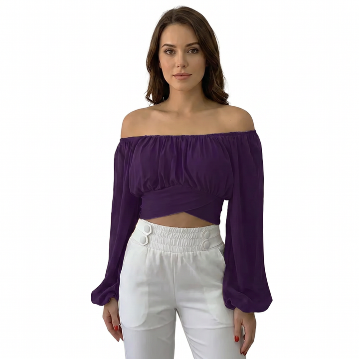 Off Shoulder Crop Top - Long Sleeve Strappy Wrap Hem