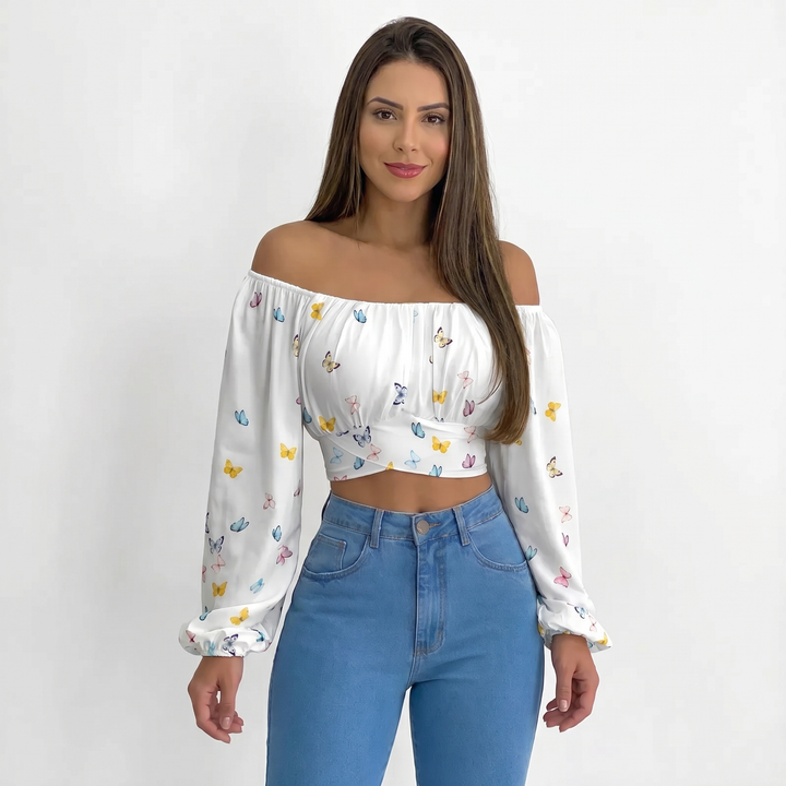 Off Shoulder Crop Top - Long Sleeve Strappy Wrap Hem