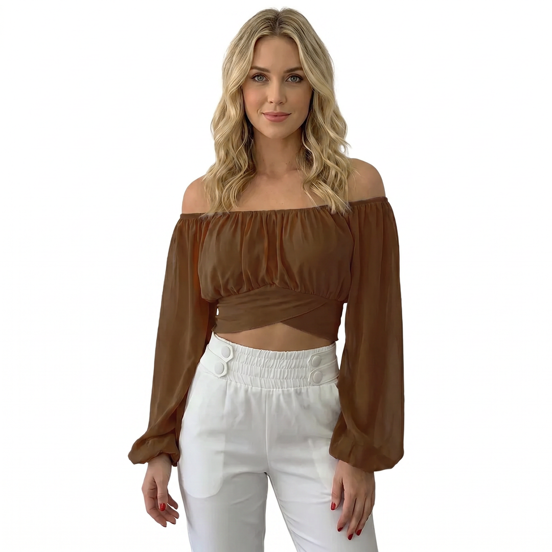 Off Shoulder Crop Top - Long Sleeve Strappy Wrap Hem