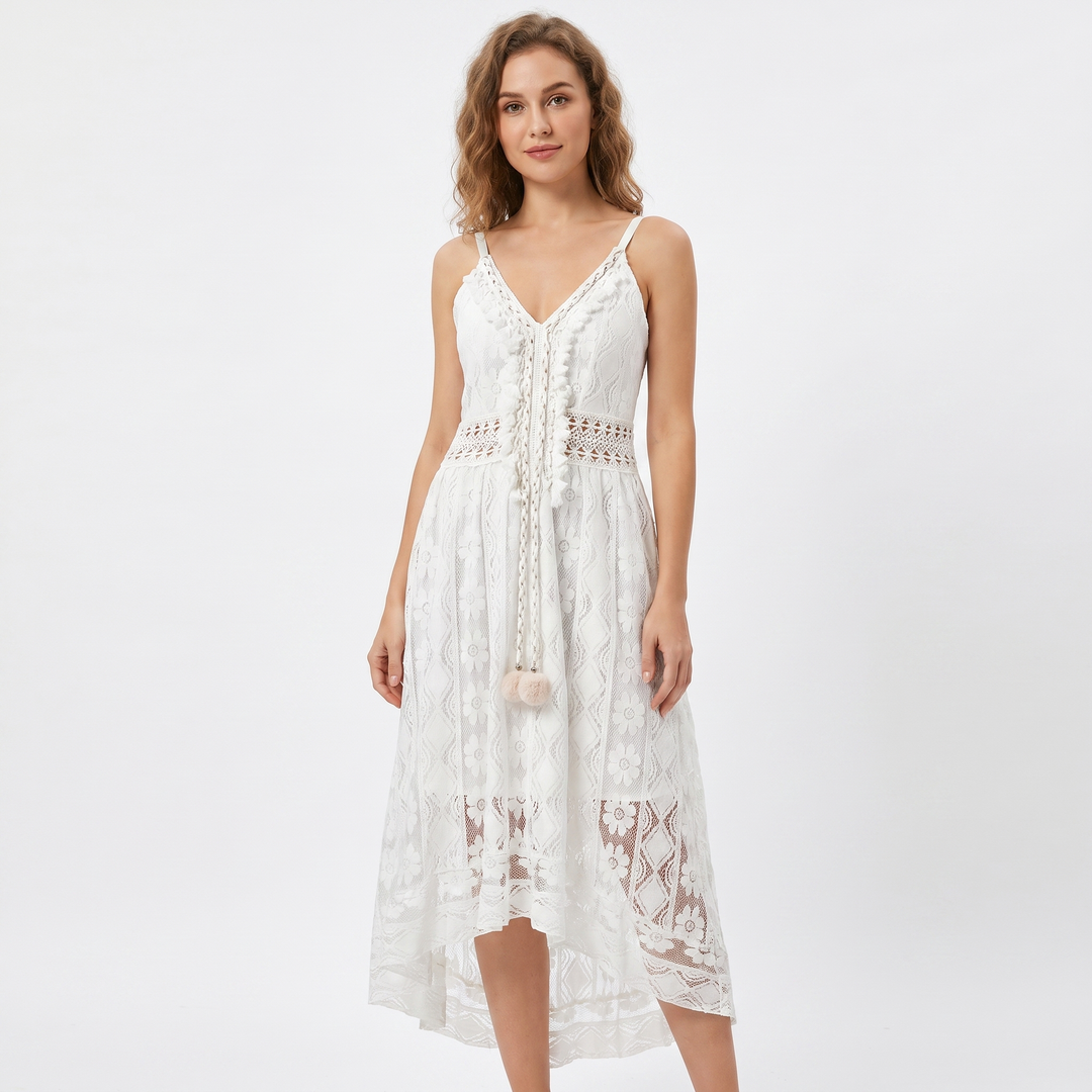 Boho Lace Midi Dress - V Neck Strappy Crochet Trim