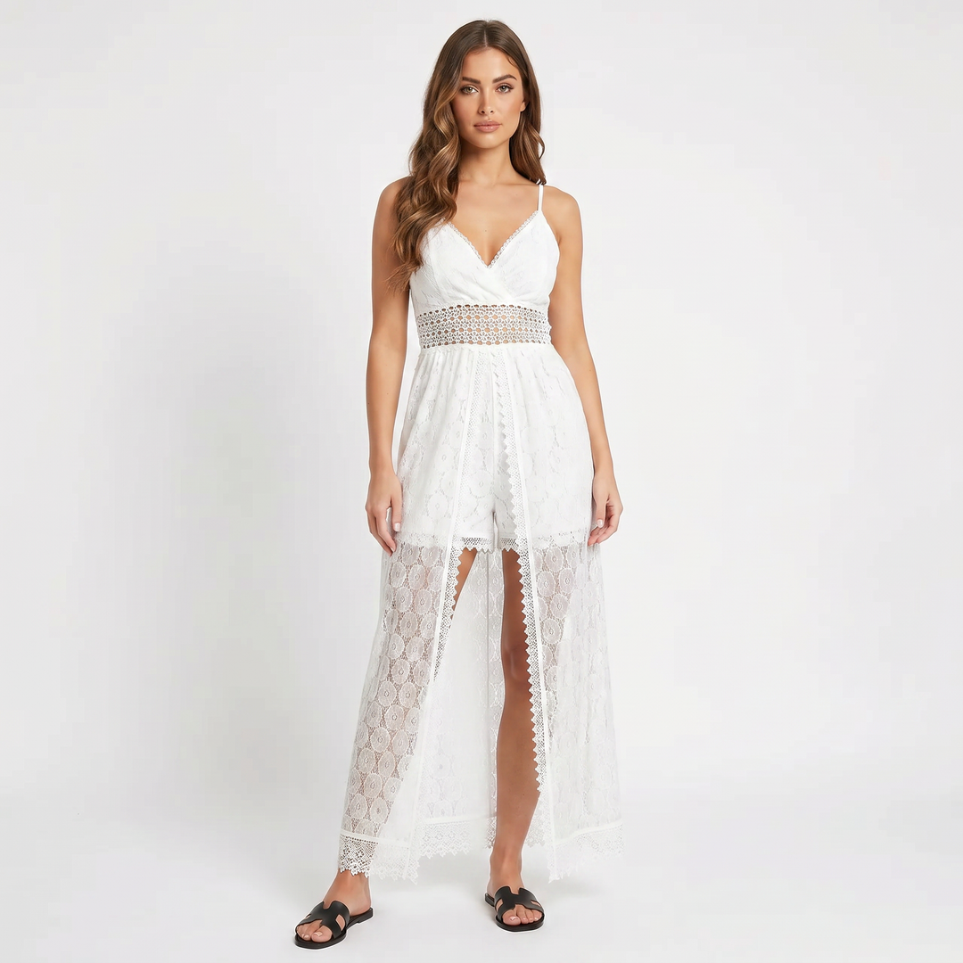 Boho Lace Midi Dress - V Neck Strappy Crochet Trim