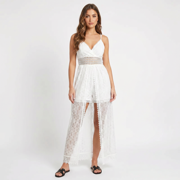 Boho Lace Midi Dress - V Neck Strappy Crochet Trim