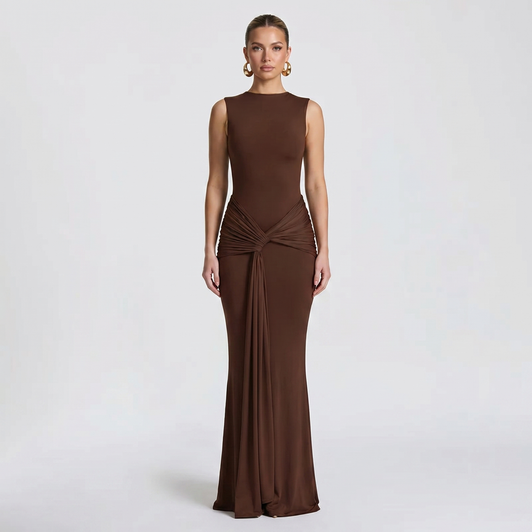 Bodycon Maxi Dress - Crew Neck Sleeveless Ruched
