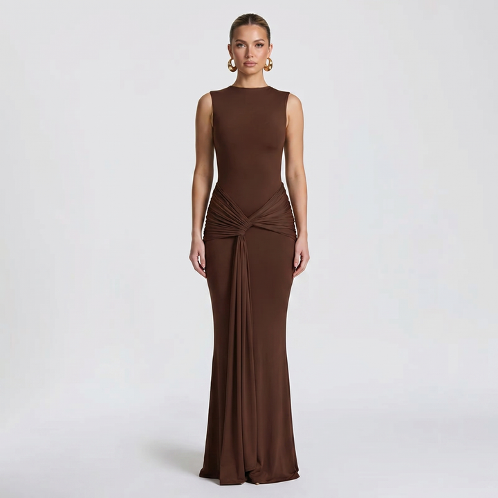Bodycon Maxi Dress - Crew Neck Sleeveless Ruched
